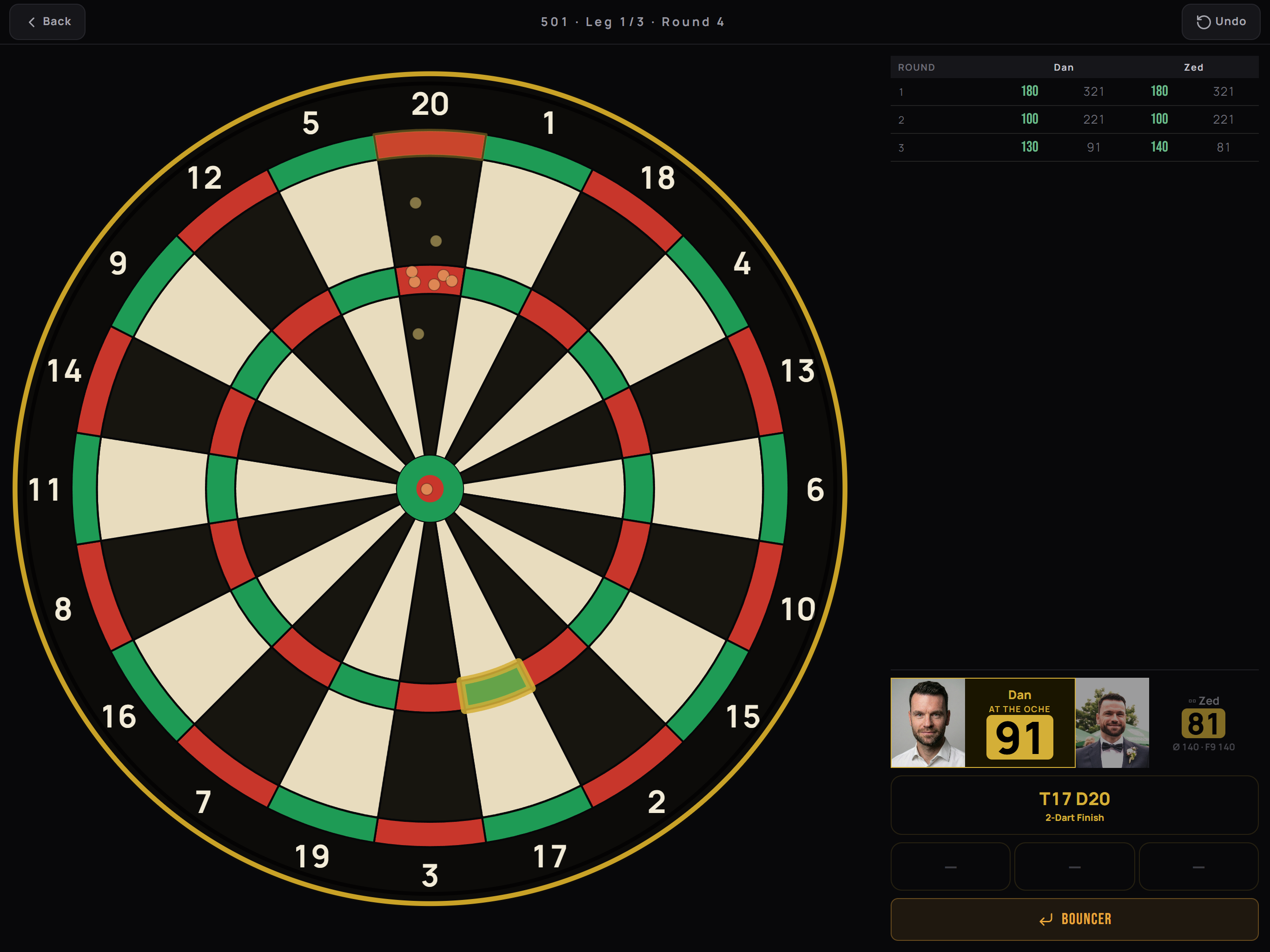 DartTrainer Spielscreen mit Live-Checkout-Pfad
